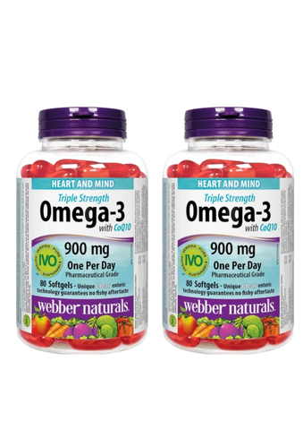 Combo 2 Hộp Webber Naturals Viên Uống Hỗ Trợ Tim Mạch Não, Giảm Chất Béo Trung Tín Trong Huyết Thanh Triple Strength Omega 3 900mg + CoQ10 Hộp 80 Viên