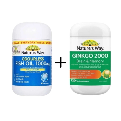 Combo Nature's Way Viên Uống Bổ Não Ginkgo Biloba 2000mg 120 Viên + Dầu Cá Không Mùi Odourless Fish Oil 1000mg 80 Viên