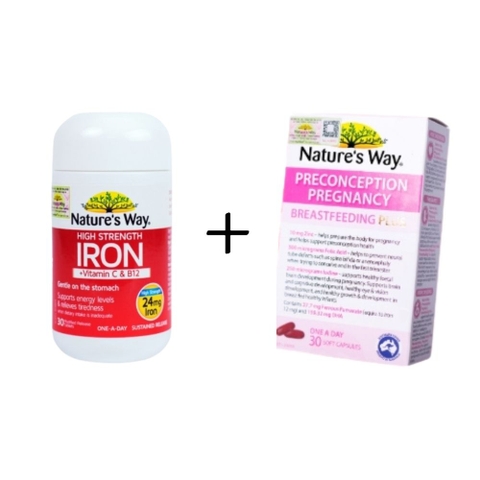 Combo Nature's Way Viên Uống High Strength Iron Kết Hợp Vitamin C Và B12 Bổ Sung Sắt Hàm Lượng Cao Hỗ Trợ Chuyển Hóa Năng Lượng +Preconception Pregnancy Bổ Sung Vitamin Tổng Hợp Cho Bà Bầu Breastfeeding Plus 30 Viên