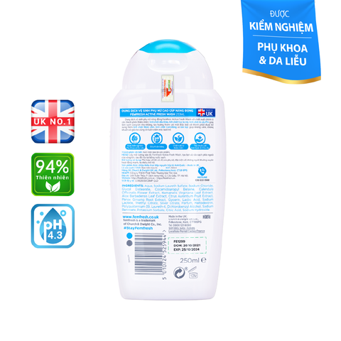 Femfresh Dung Dịch Vệ Sinh Phụ Nữ Hoạt Động Nhiều Mồ Hôi Active Fresh Wash 250ml