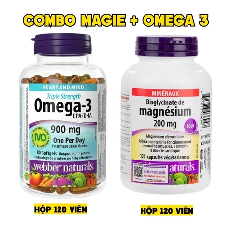 Combo 2 Hộp Webber Naturals Omega 3 900mg EPA/DHA Và Magnesium Bisglycinate 200mg Hỗ Trợ Tim Mạch, Hệ Tiêu Hoá - Hộp 120 Viên
