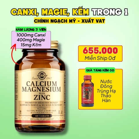 Solgar Viên Uống Calcium Magnesium Plus Zinc 100 Viên - Nhập Khẩu Chính Ngạch Mỹ