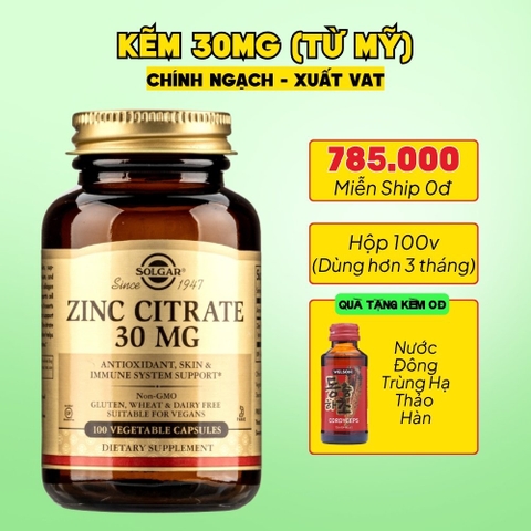 Solgar Viên Uống Bổ Sung Kẽm (Zinc Citrate) 30 MG  100 Viên - Chính Ngạch Mỹ