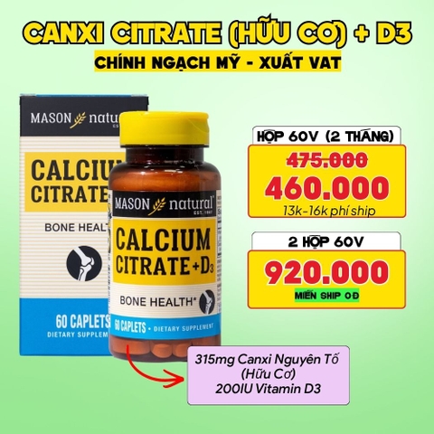 Mason Natural Viên Uống Bổ Sung Calcium Citrate + D3 Hộp 60 viên - Chính Ngạch Mỹ