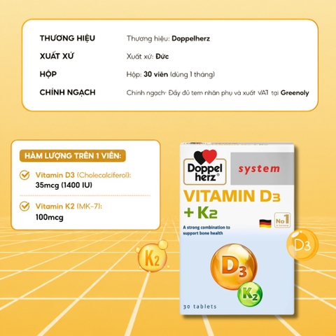 Doppelherz Viên Uống Bổ Sung Vitamin D3 + K2 (30 Viên) - Chính Ngạch Đức