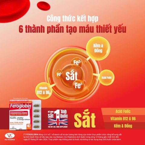 Viên uống hỗ trợ tăng khả năng tạo máu Vitabiotics Feroglobin B12 (30 viên) - Chính Ngạch Anh Quốc
