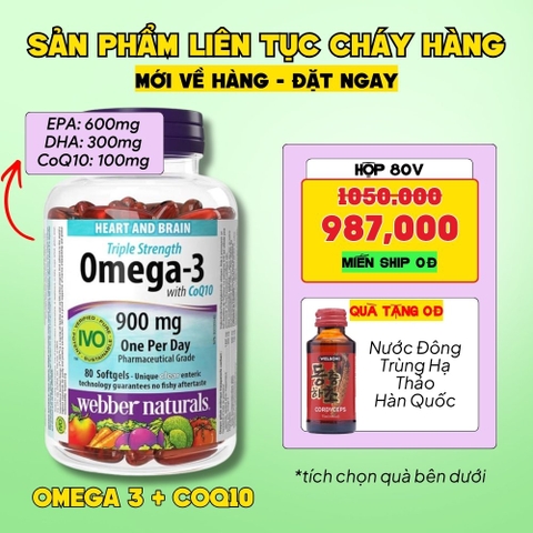 Webber Naturals Viên Uống Hỗ Trợ Tim Mạch Não, Giảm Chất Béo Trung Tín Trong Huyết Thanh Triple Strength Omega 3 900mg + CoQ10 Hộp 80 Viên