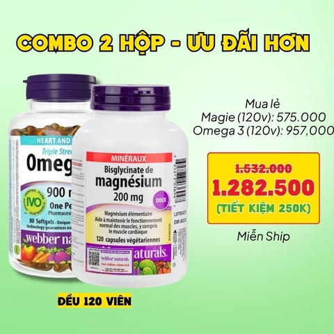 Combo 2 Hộp Magie Và Omega 3 (Webber Naturals - Canada) - Đều 120 Viên, Chính Ngạch