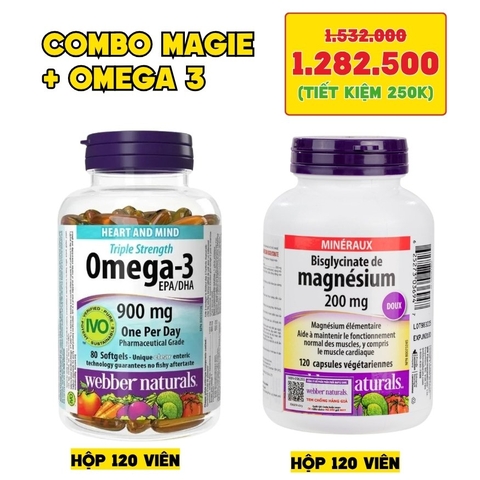 Combo 2 Hộp Magie Và Omega 3 (Webber Naturals - Canada) - Đều 120 Viên, Chính Ngạch
