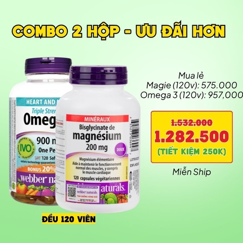 Combo 2 Hộp Webber Naturals Omega 3 900mg EPA/DHA Và Magnesium Bisglycinate 200mg Hỗ Trợ Tim Mạch, Hệ Tiêu Hoá - Hộp 120 Viên