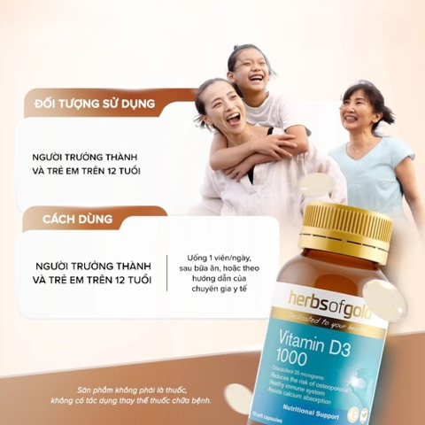 Herbs Of Gold Viên Uống Bổ Sung Vitamin D3 1000IU (Lọ 120 Viên) - Chính Ngạch Úc