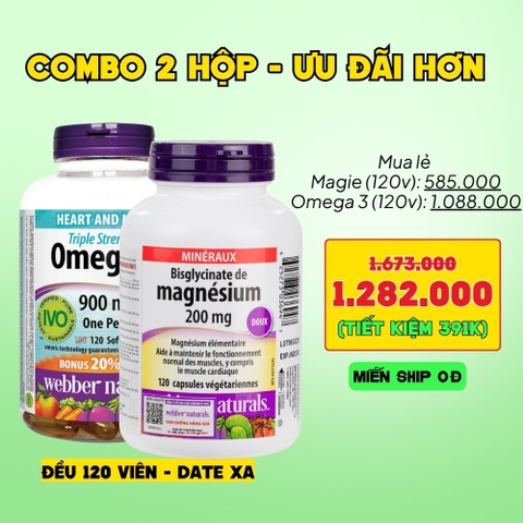 Combo 2 Hộp Webber Naturals Omega 3 900mg EPA/DHA Và Magnesium Bisglycinate 200mg Hỗ Trợ Tim Mạch, Hệ Tiêu Hoá - Hộp 120 Viên