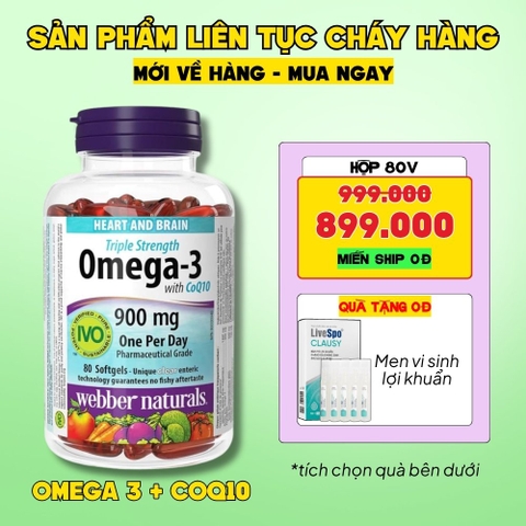 Webber Naturals Viên Uống Hỗ Trợ Tim Mạch Não, Giảm Chất Béo Trung Tín Trong Huyết Thanh Triple Strength Omega 3 900mg + CoQ10 Hộp 80 Viên