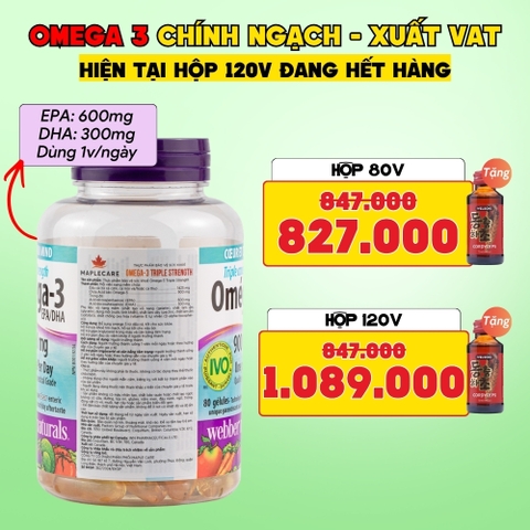Webber Naturals Viên Uống Hỗ Trợ Tim Mạch, Não Triple Strength Omega 3 900mg EPA/DHA - Chính Ngạch, Xuất VAT