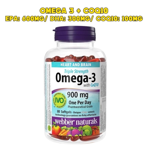Webber Naturals Viên Uống Hỗ Trợ Tim Mạch Não, Giảm Chất Béo Trung Tín Trong Huyết Thanh Triple Strength Omega 3 900mg + CoQ10 Hộp 80 Viên