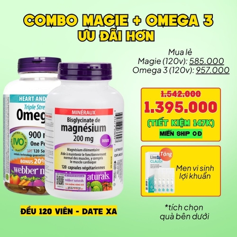 Combo 2 Hộp Webber Naturals Omega 3 900mg EPA/DHA Và Magnesium Bisglycinate 200mg Hỗ Trợ Tim Mạch, Hệ Tiêu Hoá - Hộp 120 Viên