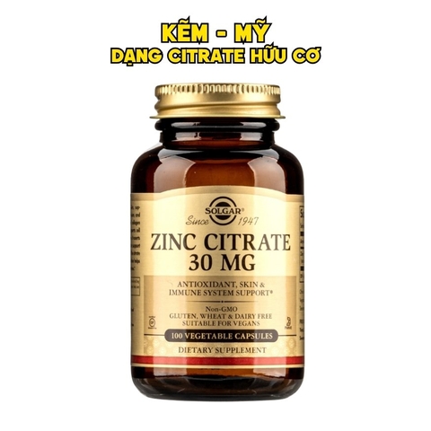 Solgar Viên Uống Bổ Sung Kẽm (Zinc Citrate) 30 MG  100 Viên - Chính Ngạch Mỹ