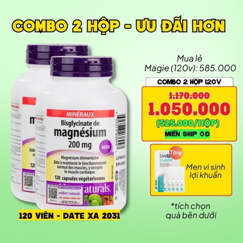 Combo 2 Hộp Webber Naturals Viên Uống Magie Dễ Dàng Hấp Làm Dịu Nhẹ Cho Hệ Tiêu Hóa Magnesium Bisglycinate 200mg - Hộp 120 Viên