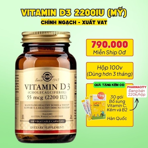 Solgar Viên Uống Bổ Sung Vitamin D3 2200 IU 100 Viên  - Chính Ngạch Mỹ