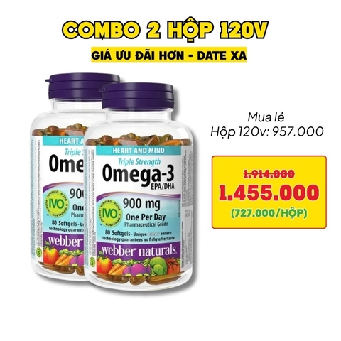 Combo 2 Hộp Webber Naturals Viên Uống Hỗ Trợ Tim Mạch, Não Triple Strength Omega 3 900mg EPA/DHA Hộp 120 Viên