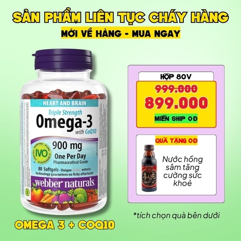 Webber Naturals Viên Uống Hỗ Trợ Tim Mạch Não, Giảm Chất Béo Trung Tín Trong Huyết Thanh Triple Strength Omega 3 900mg + CoQ10 Hộp 80 Viên