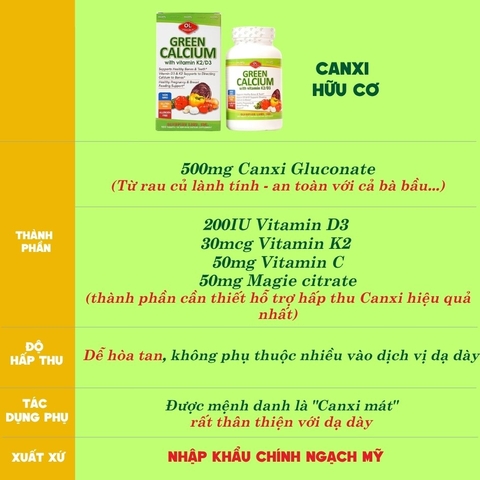 Olympian Labs Viên Uống Bổ Sung Canxi Hữu Cơ Green Calcium 100 viên - Nhập Khẩu Chính Ngạch Mỹ