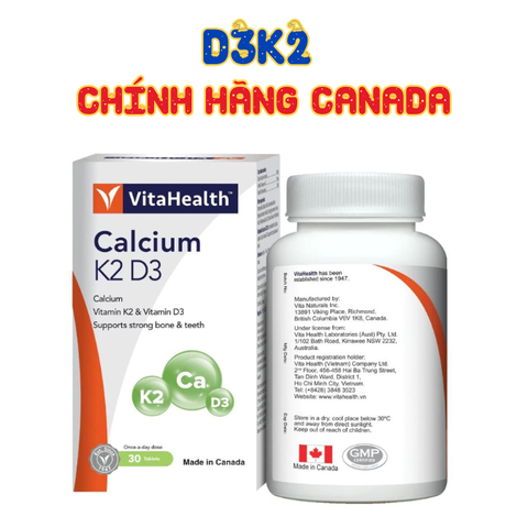 VitaHealth Viên Uống Calcium K2 D3 Hỗ Trợ Duy Trì Xương Răng Chắc Khỏe 30 Viên - Chính Hãng Canada