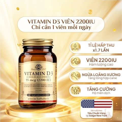 Solgar Viên Uống Bổ Sung Vitamin D3 2200 IU 100 Viên  - Chính Ngạch Mỹ