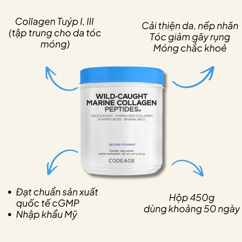 Codeage Bột Collagen Marine Collagen 450g - Nhập Khẩu Chính Ngạch Mỹ