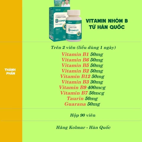 Kolmar Viên Uống Bổ Sung Vitamin Nhóm B (90 Viên) - Chính Ngạch Hàn Quốc