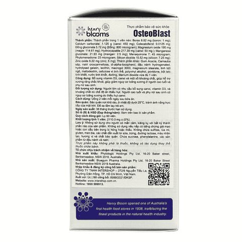 Henry Blooms Viên Uống Bổ Sung Canxi, Vitamin D3+K OsteoBlast 60 Viên