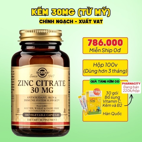 Solgar Viên Uống Bổ Sung Kẽm (Zinc Citrate) 30 MG  100 Viên - Chính Ngạch Mỹ