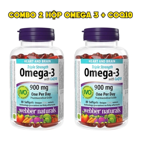 Combo 2 Hộp Webber Naturals Viên Uống Hỗ Trợ Tim Mạch Não, Giảm Chất Béo Trung Tín Trong Huyết Thanh Triple Strength Omega 3 900mg + CoQ10 Hộp 80 Viên