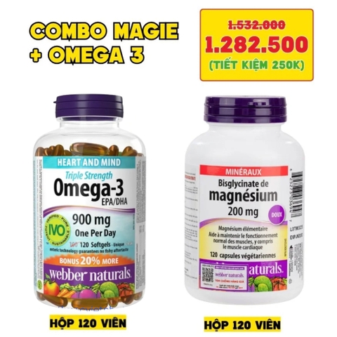 Combo 2 Hộp Webber Naturals Omega 3 900mg EPA/DHA Và Magnesium Bisglycinate 200mg Hỗ Trợ Tim Mạch, Hệ Tiêu Hoá - Hộp 120 Viên