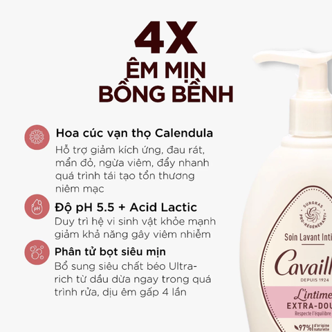 Cavailles L'intime Dung Dịch Vệ Sinh Phụ Nữ Extra - Doux 4X Dịu Viêm Dành Cho Da Siêu Nhạy Cảm 250 ML