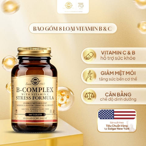 Solgar Viên Uống Bổ Sung Vitamin B-Complex With Vitamin C 100 Viên