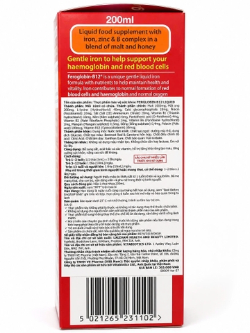 Vitabiotics Siro Bổ Sung Săt Hồng Cầu Hỗ Trợ Tăng Tạo Máu, Nâng Cao Sức Đề Kháng Feroglobin B12 Chai 200ml