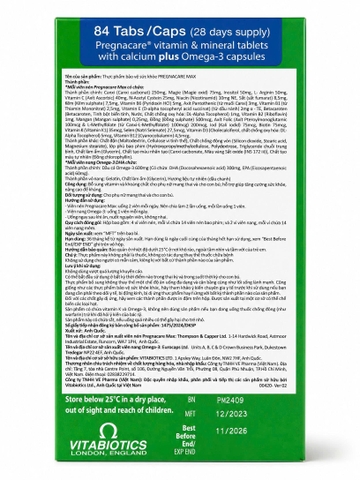 Vitabiotics Viên Uống Pregnacare Max Omega 3 DHA Cung Cấp Vitamin Và Khoáng Chất Cho Phụ Nữ Mang Thai 84 Viên (chính hãng)