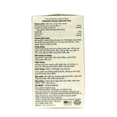 VitaHealth Viên Uống Ginkgo 2500 With DHA Bổ Não Tăng Cường Lưu Thông Máu Não