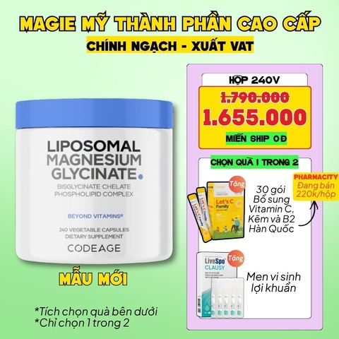 Codeage Viên Uống Liposomal Magnesium Magie Glycinate Hữu Cơ 240 Viên - Chính Ngạch Mỹ, Xuất VAT