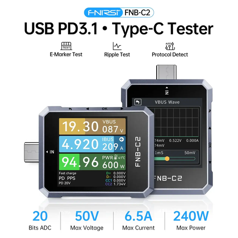 Đo dòng áp, công suất cổng USB đa năng FNIRSI® FNB-C2 USB PD 3.1 Type-C Fast Charging Tester