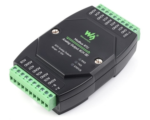 Waveshare Industrial 8-Ch Analog Output Module (B), 12-bit DA Conversion, Supports 8-ch Simultaneous Voltage Output, RS485 Modbus RTU Protocol