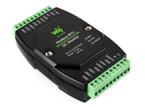 Waveshare Industrial 4-Ch DC Monitoring Module, 16-bit High-Precision Acquisition, RS485 Modbus RTU Protocol