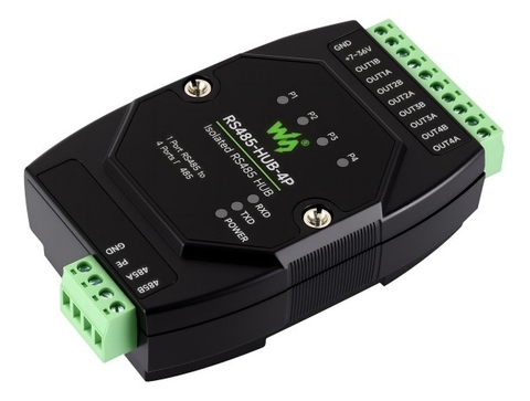 Waveshare Industrial-grade Isolated 4-Ch RS485 Hub, Expands 4-ch RS485 Sub Ports Via 1-ch RS485 Master Port