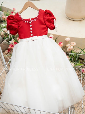 Váy Công Chúa Cao Cấp Cổ U Tay Bồng Màu Trắng Đỏ Nổi Bật Cho Bé Gái