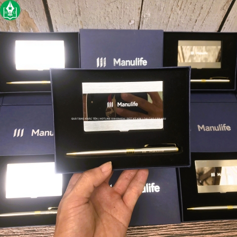 Bộ Quà Tặng 2 Sản Phẩm Bút Ký Kết Hợp Hộp Đựng Name Card Khắc Logo Manulife
