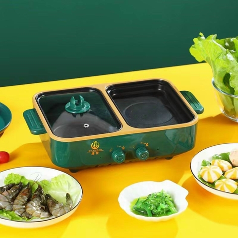 Bếp Lẩu Nướng Mini 2 Ngăn SHABAN Cao Cấp 2 In 1 Siêu Chống Dính, Đa Năng, Tiện Lợi
