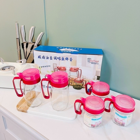 SET 5 LỌ GIA VỊ THUỶ TINH SIÊU ĐẸP NẮP HỒNG ĐẬM