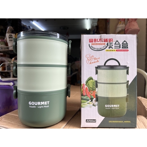 Cà Mên Giữ Nhiệt Hộp Đựng Thức Ăn 2 Tầng Gourmet 2200ml Có Tay Cầm Lõi Inox 304 Cao Cấp - tặng Kèm Muỗng