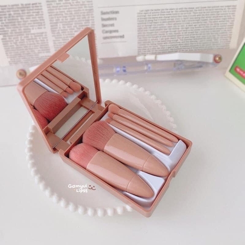 Bộ cọ trang điểm makeup cá nhân 6 món màu hồng Vintage hộp gương